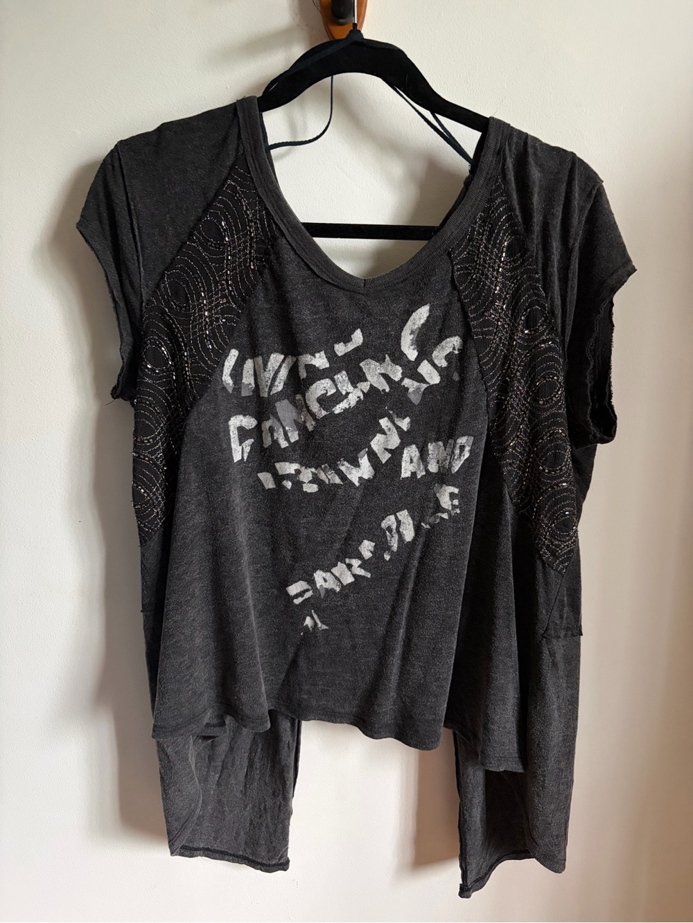 We the Free Black Graphic Short Sleeve Top with Embellished Panels